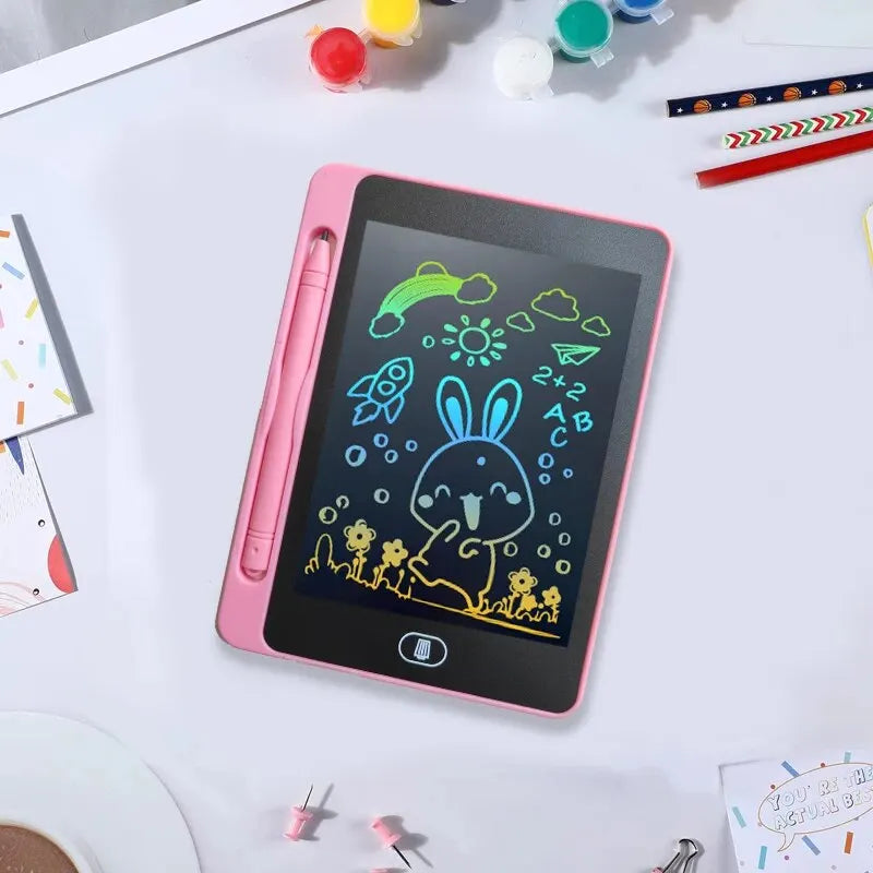 A pink 6.5-inch LCD writing tablet for kids displaying a drawing of a rabbit and sun.