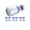 A silver kitchen faucet water filter with a rotating head and splash guard, shown next to several replacement cartridges.