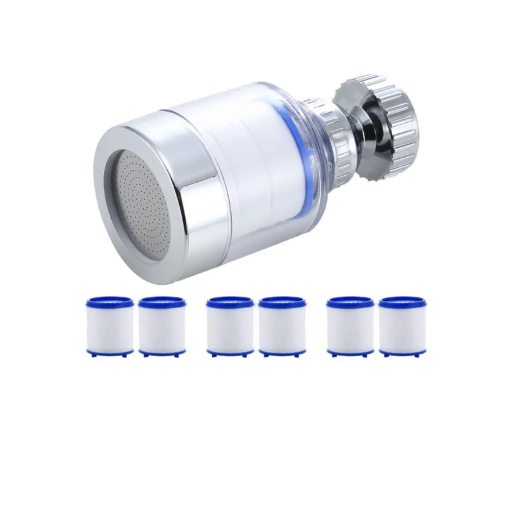 A silver kitchen faucet water filter with a rotating head and splash guard, shown next to several replacement cartridges.