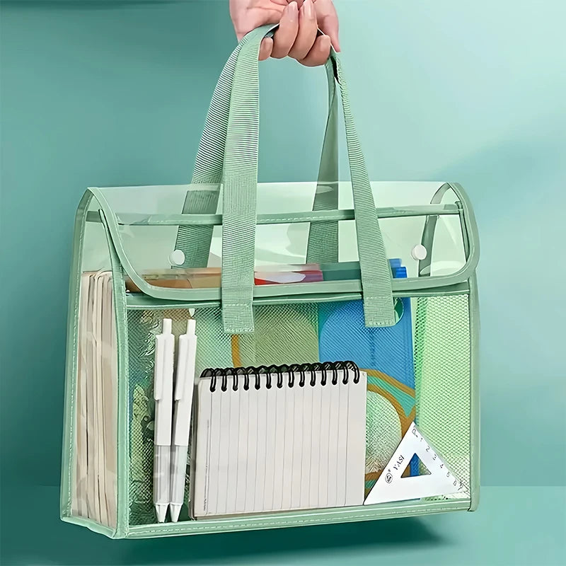 A clear, expandable document folder in light green plastic is held by a hand against a teal background.