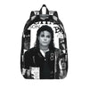 A black backpack featuring a portrait of a musical icon on the front.