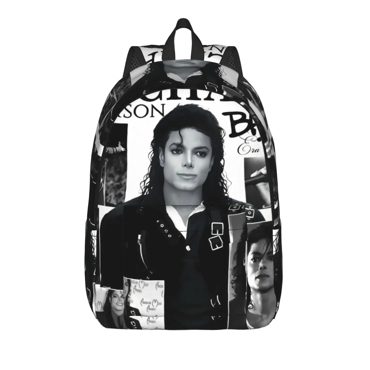 A black backpack featuring a portrait of a musical icon on the front.