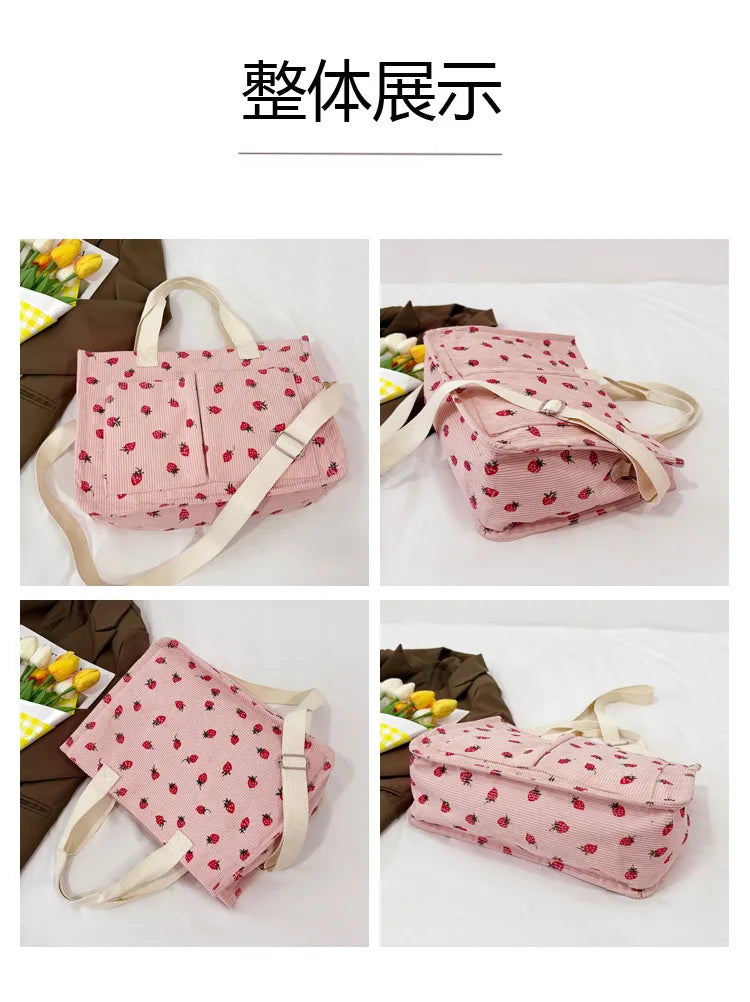 Strawberry Bowknot Canvas Tote Bag