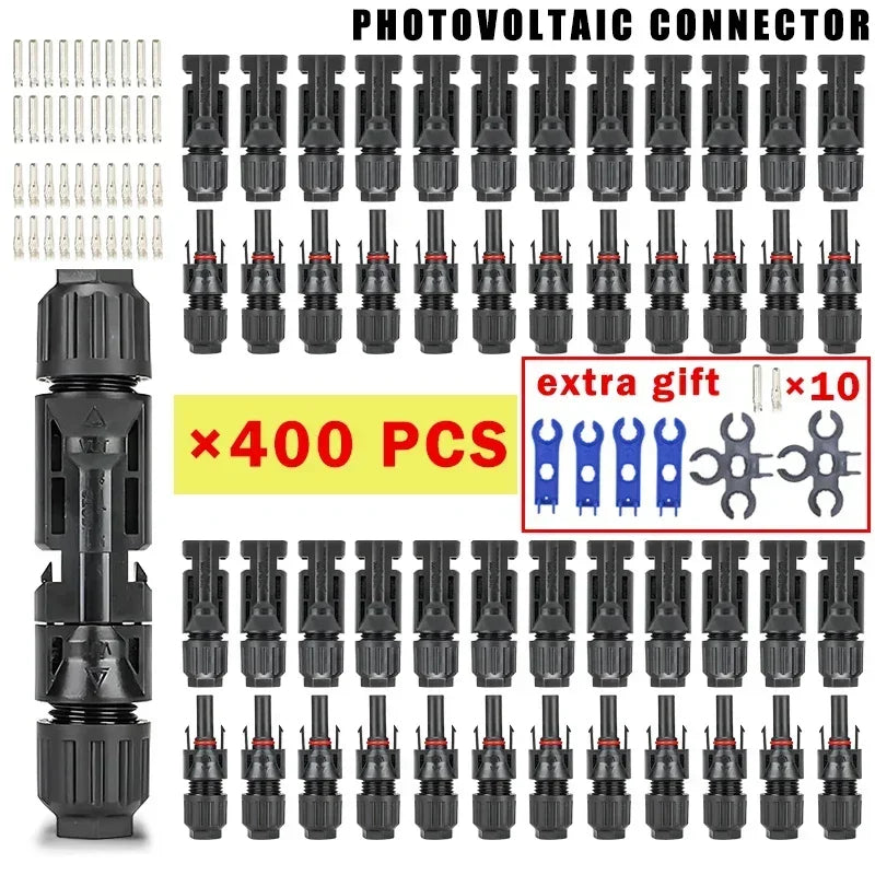 A collection of black photovoltaic connectors and extra gift tools for PV cable installation