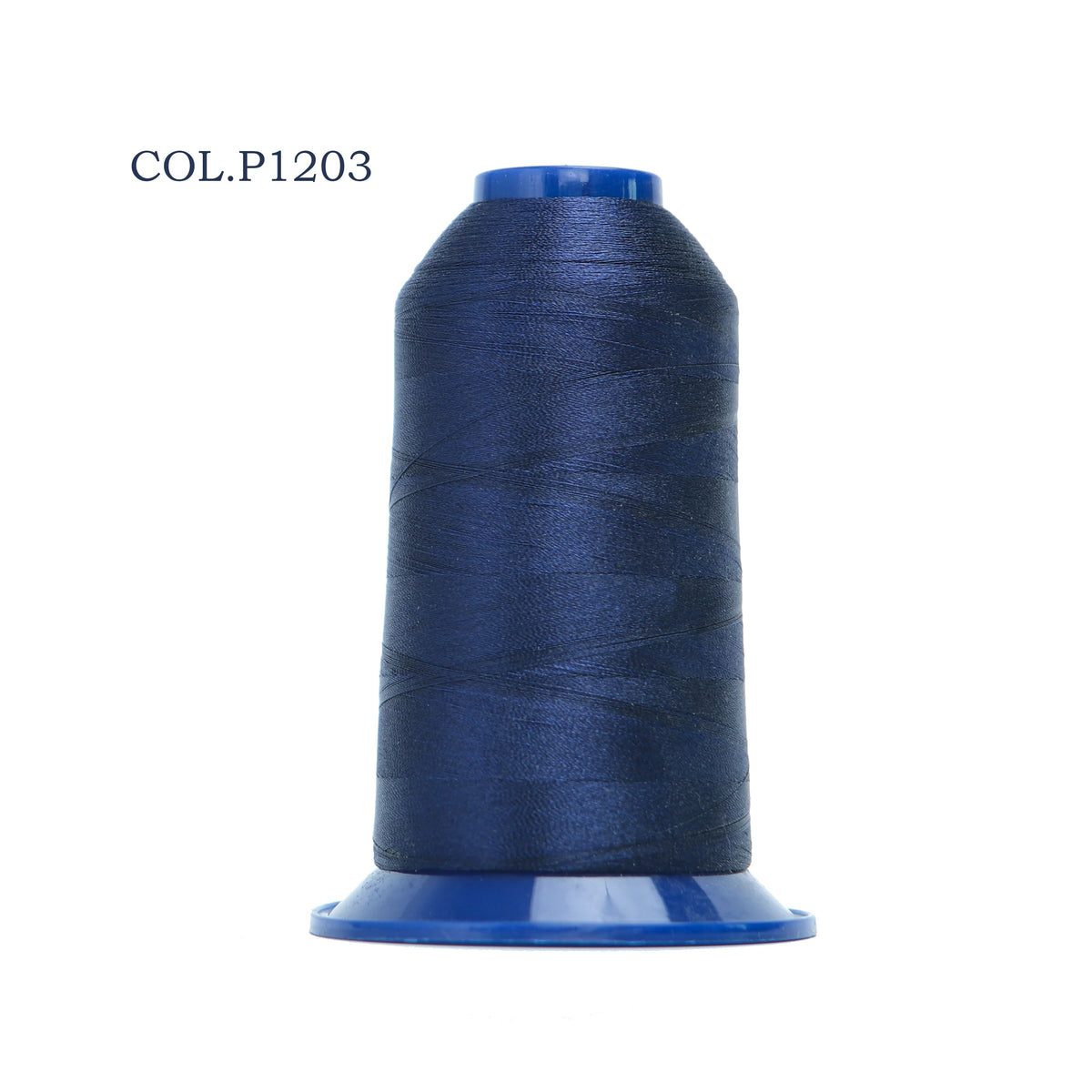 A spool of dark blue polyester embroidery thread labeled COL.P1203.