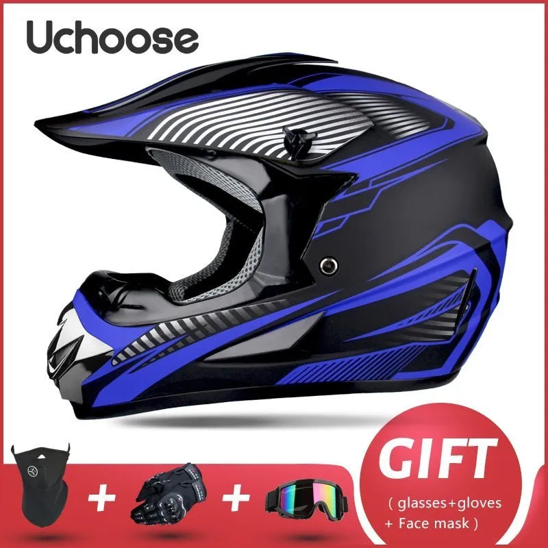A black and blue Uchoose full-face off-road helmet shown with included gift items like glasses, gloves, and a face mask.