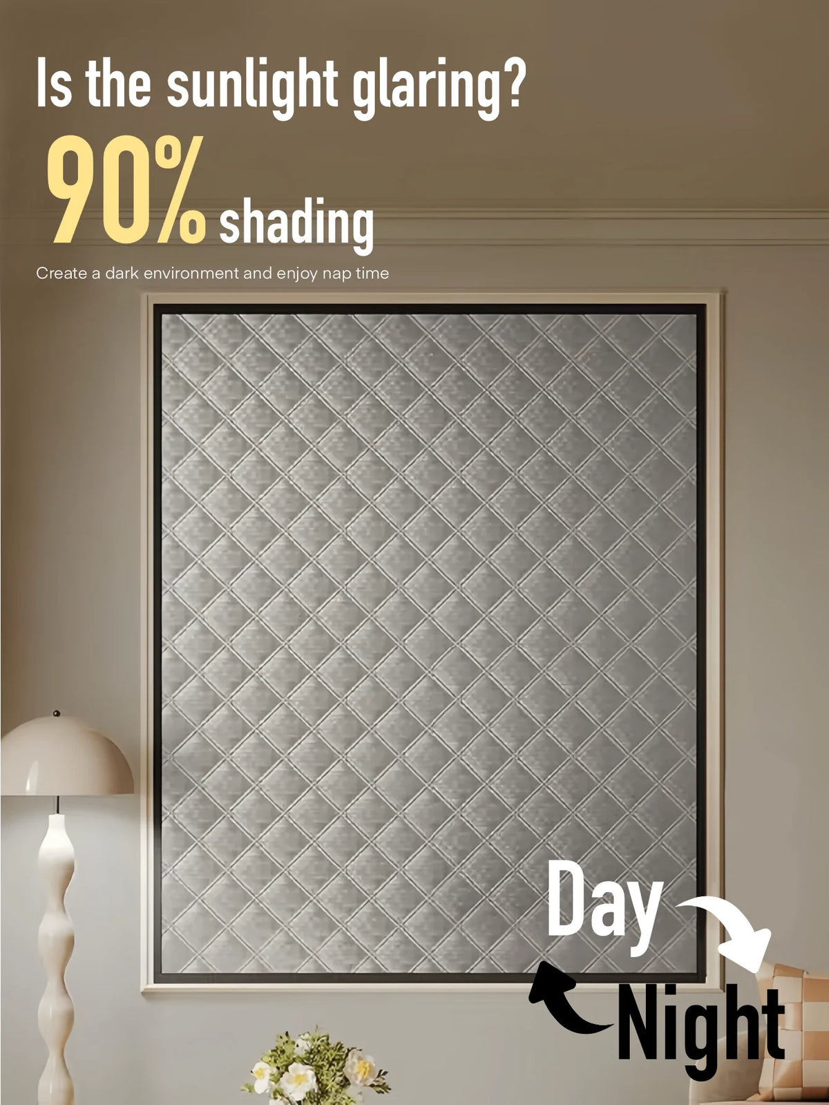 A close-up of a window covered with a diamond-patterned gray thermal film, demonstrating sun glare reduction.