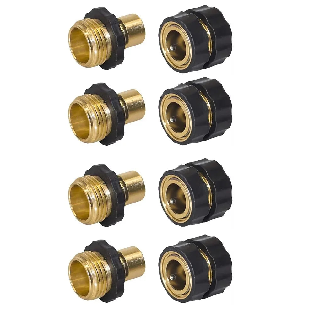 A set of five brass and black aluminum garden hose quick connectors for 3/4 inch connections.