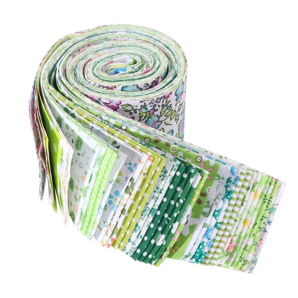 Roll of 40 floral cotton fabric strips for quilting and patchwork in various green and white patterns