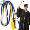 A bundle of graduation honor cords in blue, white, and yellow with tassels shown next to a black graduation gown.