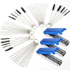 A collection of metal carburetor cleaning tools including jet needles and brushes in silver and blue.