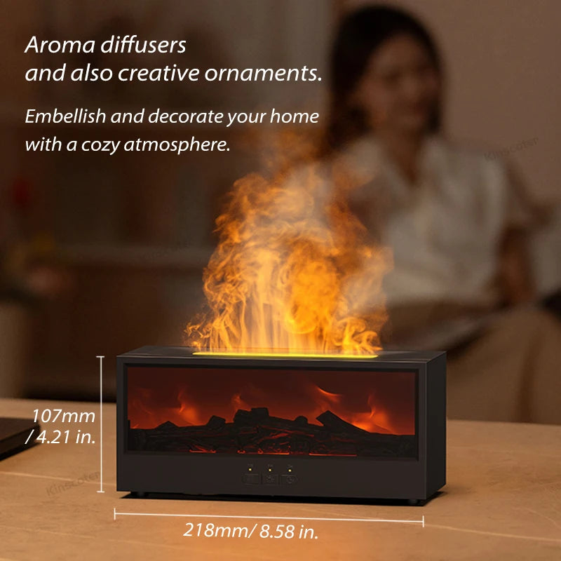 A black ultrasonic aroma diffuser emitting a warm orange flame and light in a wooden setting.
