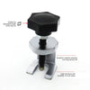 A black two-arm puller tool with an adjustable length rod and silver metal body for removing alternators and bearings.