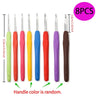 Eight crochet hooks with various sizes and colors displayed vertically.