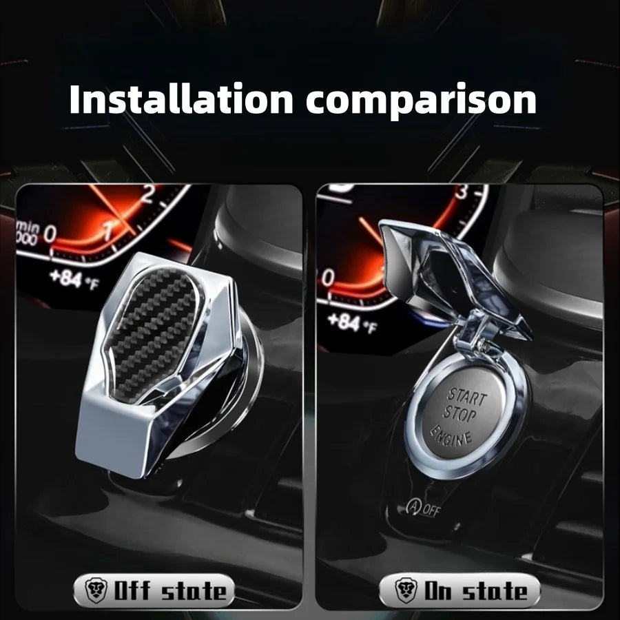Installation comparison showing an off state and on state of a metal button cover and engine switch decal for a car interior