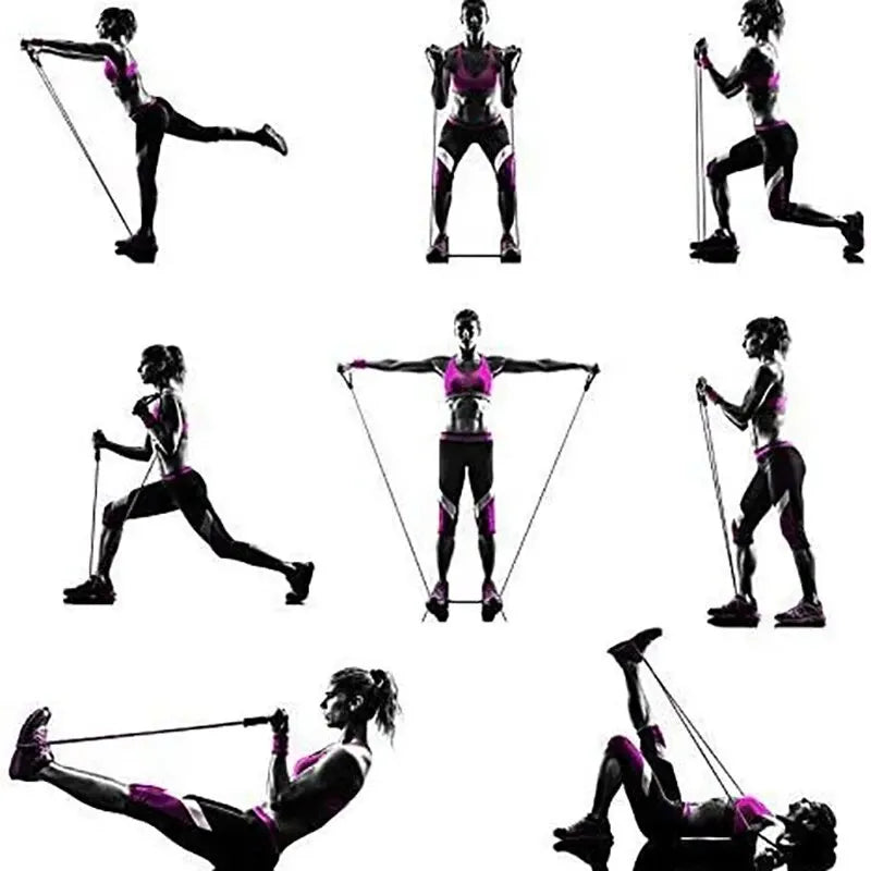 A collection of women performing various exercises using resistance bands and handles for home workouts.