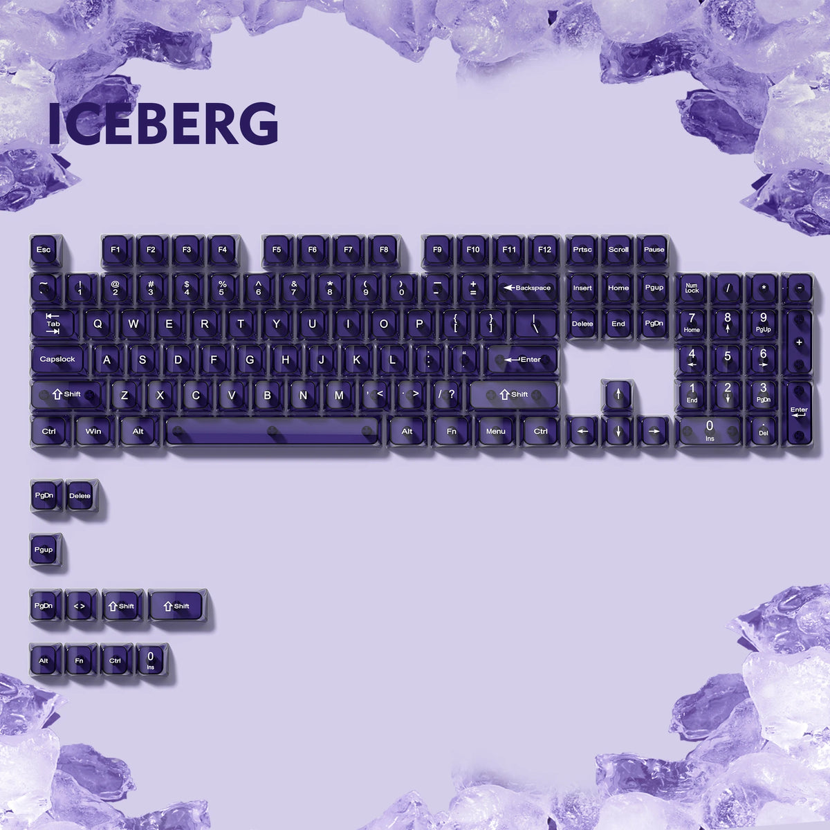 A close-up view of a purple and white mechanical keyboard keycap set with an iceberg theme.