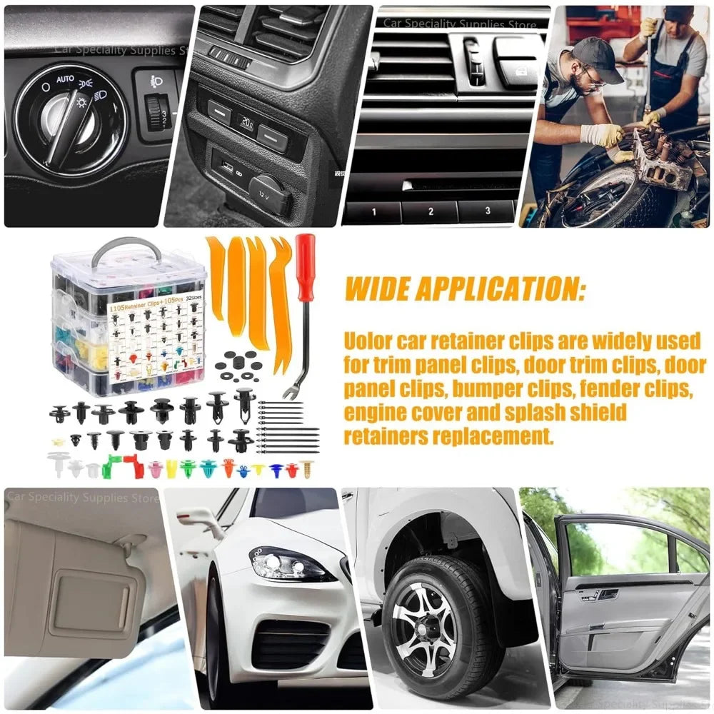 Assorted plastic push rivets for auto trim, bumper, and panel fastening used in vehicle repair.