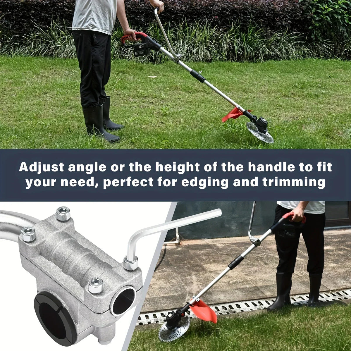 Close-up of an ergonomic trimmer handle with a silver body and red blade, shown in use for gardening.