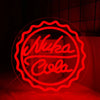 Red neon sign of a bottle cap design for Nuka Cola illuminated against a dark background.