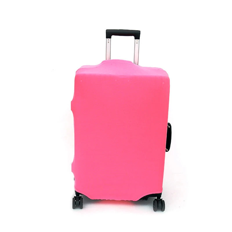 A bright pink elastic travel luggage cover for a suitcase is shown against a white background.