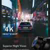 A 4K dash cam is shown mounted on a vehicle, capturing a nighttime city street scene.