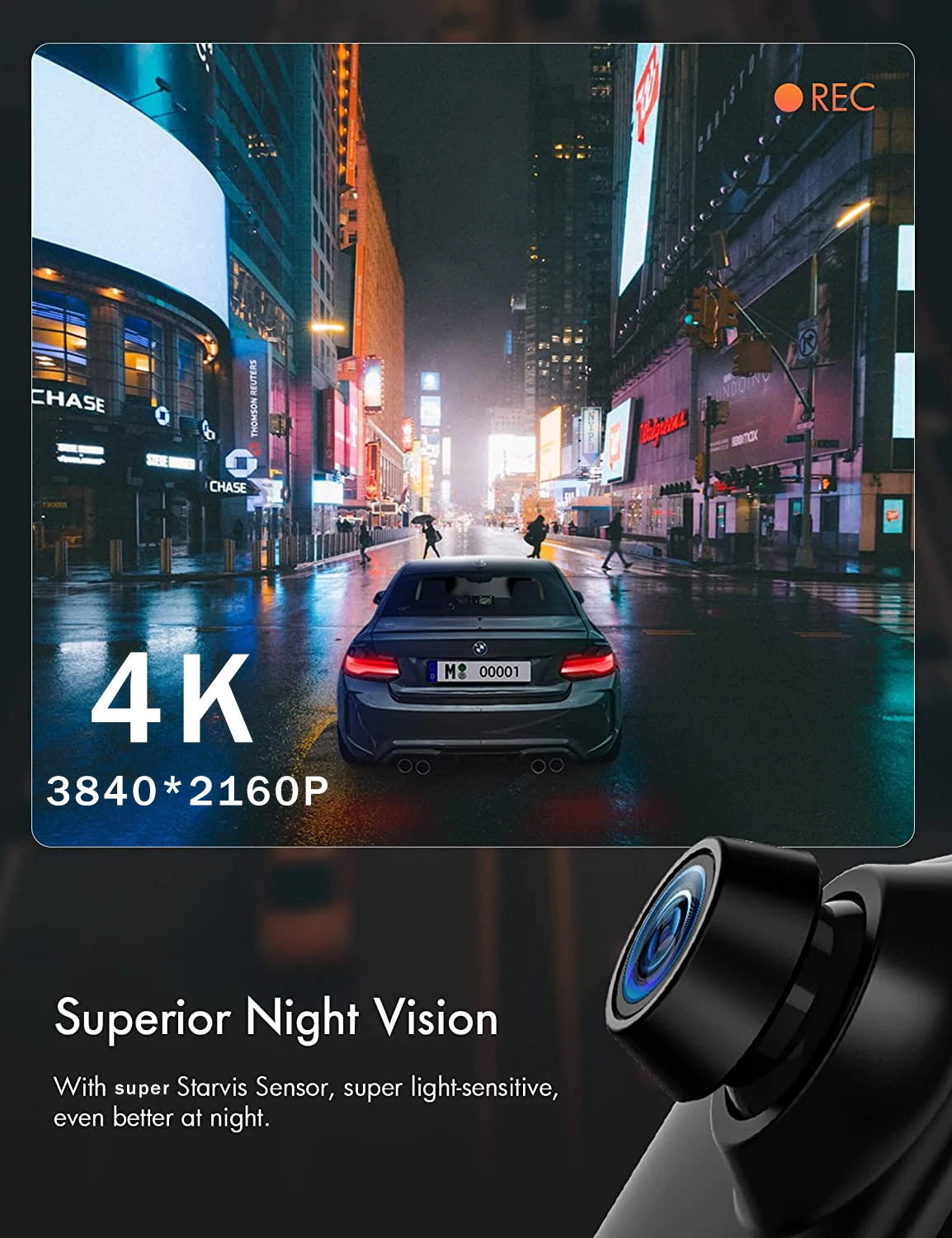 A 4K dash cam is shown mounted on a vehicle, capturing a nighttime city street scene.