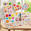 A collection of wooden life cycle puzzle cards featuring various animals and plants for children.