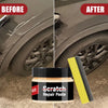 Before and after comparison of a car scratch repair paste product on a vehicle surface.
