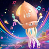A cute, pink octopus toy with glowing tentacles is shown against a vibrant background of musical notes and light trails.