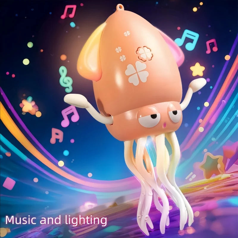 A cute, pink octopus toy with glowing tentacles is shown against a vibrant background of musical notes and light trails.