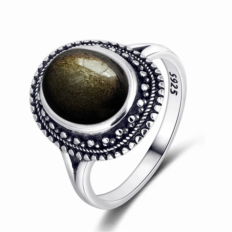 Vintage Sterling Silver Obsidian Ring with Sun and Flower Motif