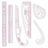 A set of six flexible French curve sewing rulers in pink and clear plastic.