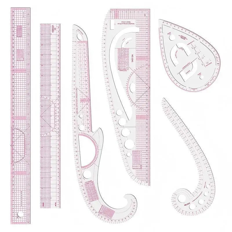 A set of six flexible French curve sewing rulers in pink and clear plastic.