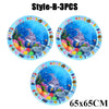 Three blue inflatable baby water play mats with fish and colorful decorations, measuring 65x65cm.