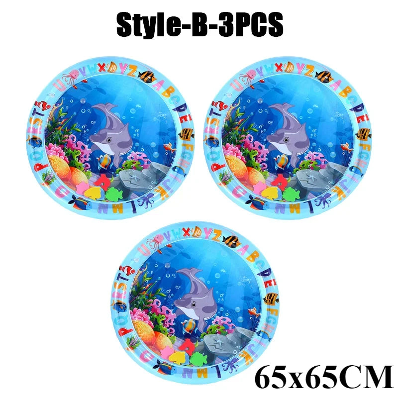 Three blue inflatable baby water play mats with fish and colorful decorations, measuring 65x65cm.