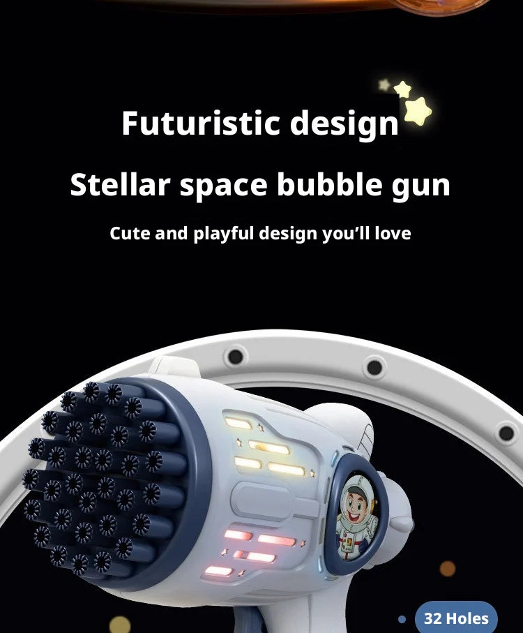 A white electric bubble gun with a futuristic design and 32 holes is shown against a black background.