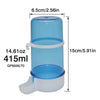 A light blue hanging bird feeder and water dispenser with measurements listed.