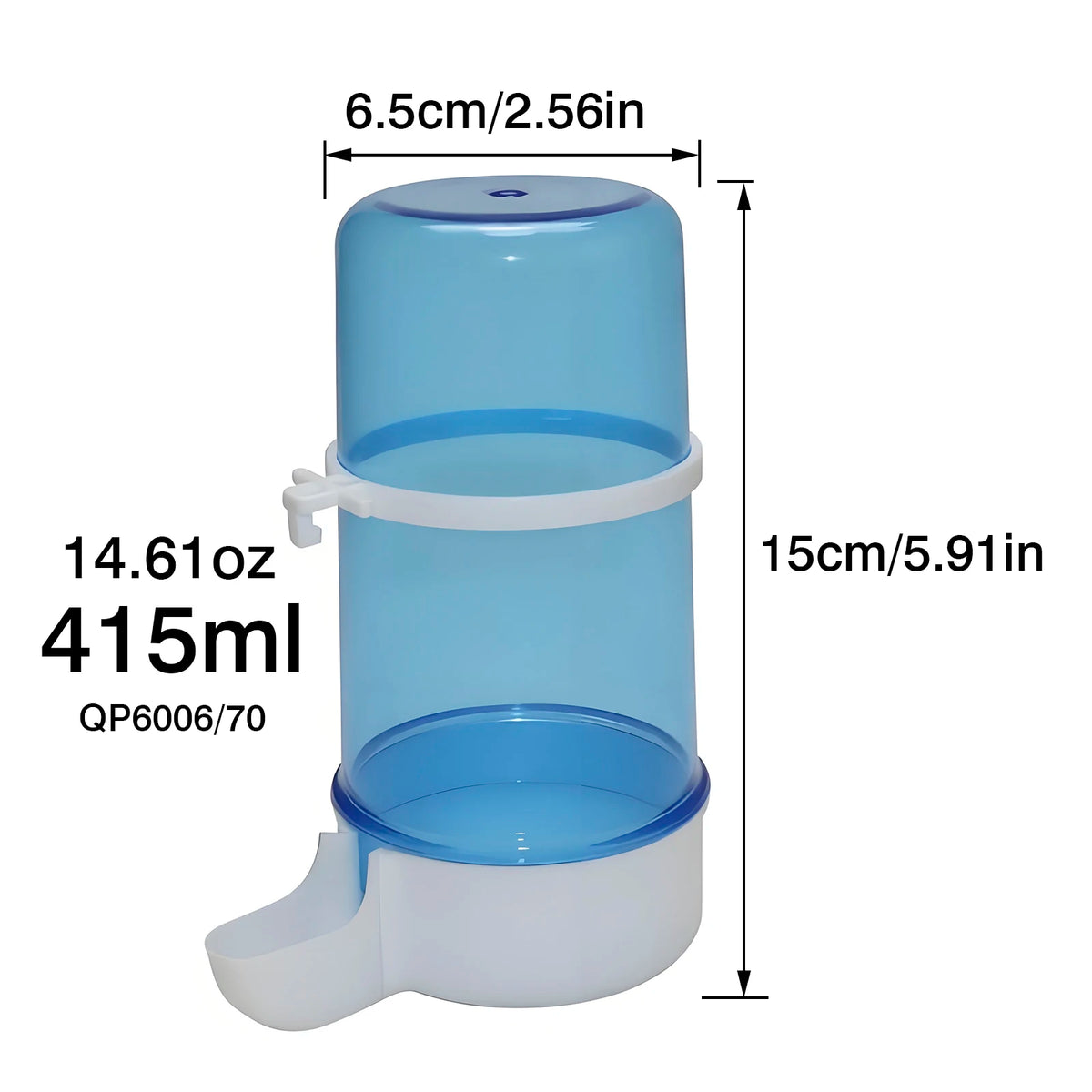 A light blue hanging bird feeder and water dispenser with measurements listed.