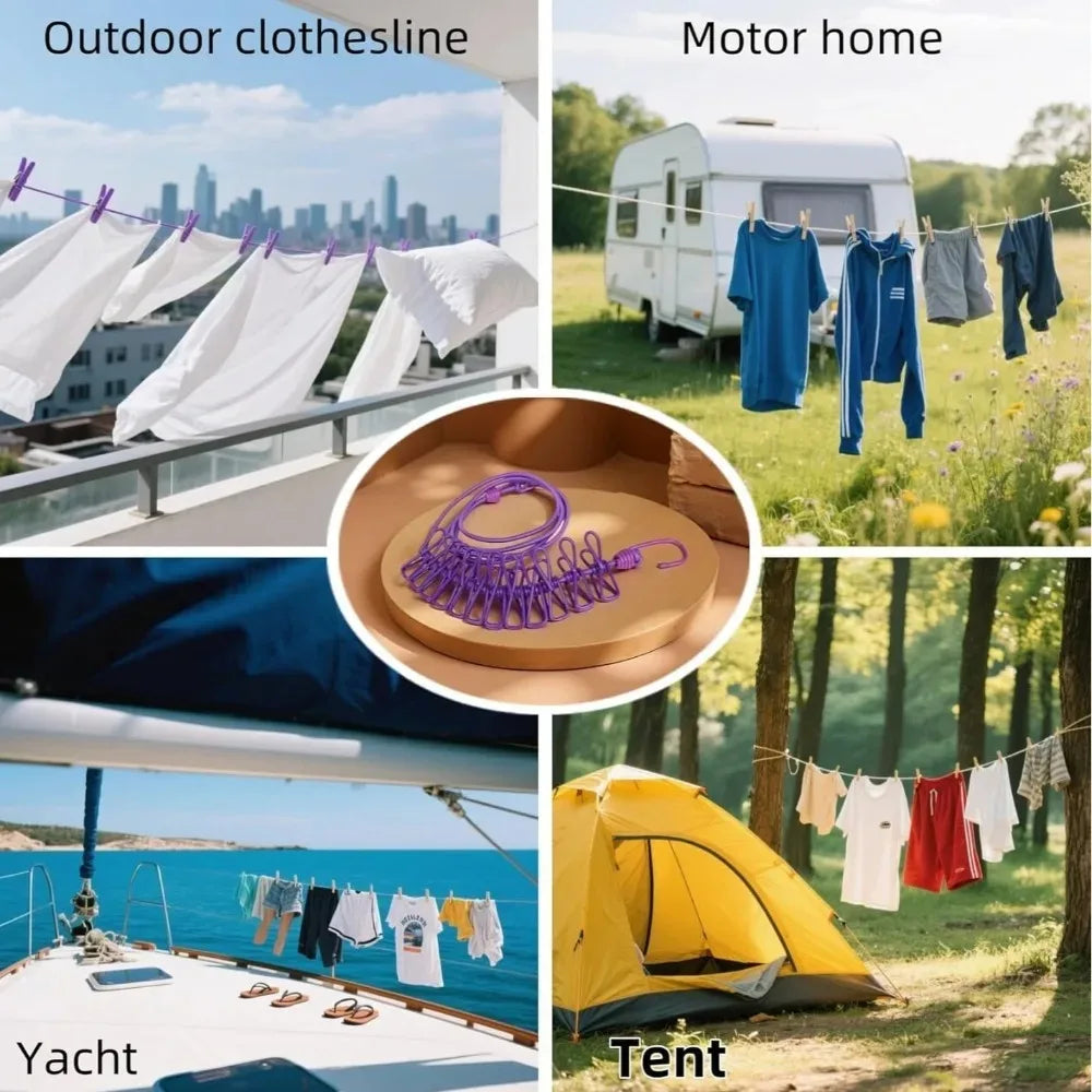 Various outdoor clotheslines and lines used for drying clothing on a balcony, motor home, yacht, and tent.