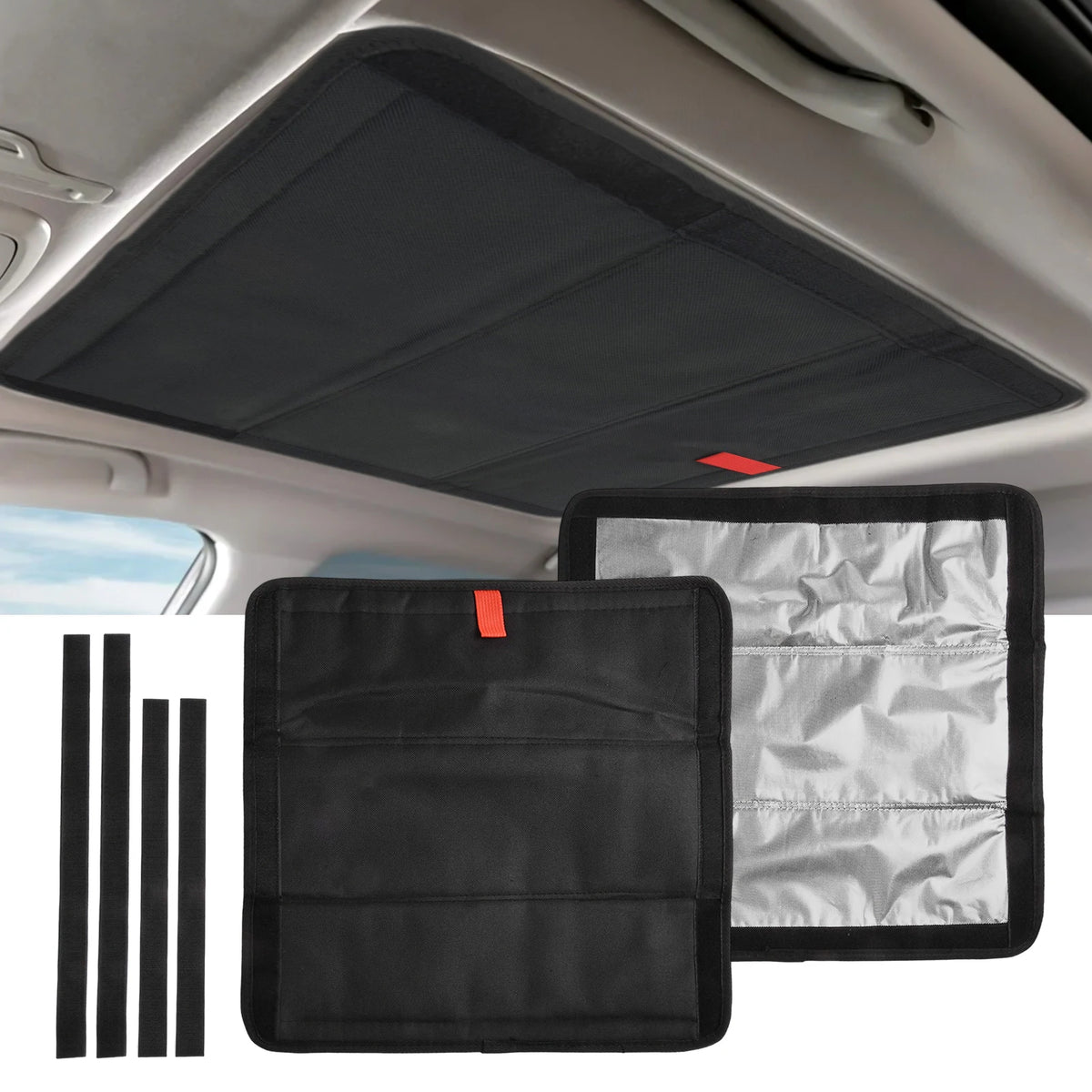 Black and silver foldable sunshade covering an RV skylight window.