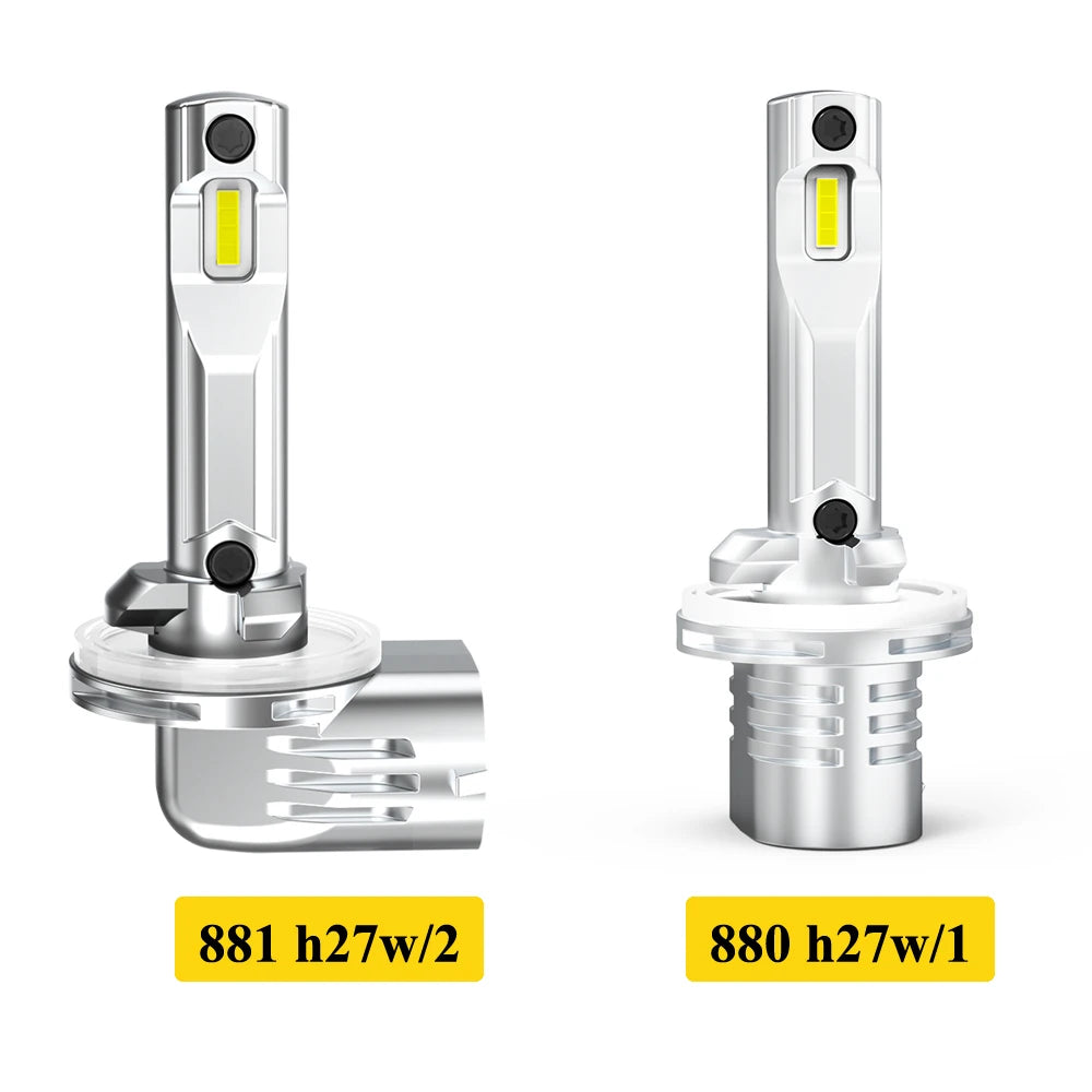 Two LED fog light bulbs, 881 h27w/2 and 880 h27w/1, shown in detail.