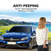 A blue Mercedes-Benz car is shown outdoors with a woman standing beside it, emphasizing anti-peeping privacy protection.