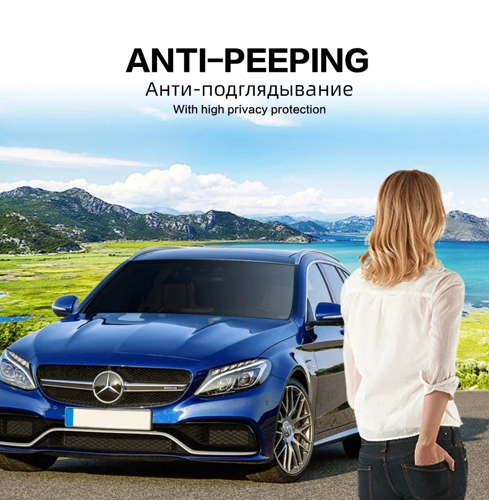 A blue Mercedes-Benz car is shown outdoors with a woman standing beside it, emphasizing anti-peeping privacy protection.