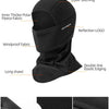 Black windproof full face balaclava mask featuring inner fleece fabric, six-wire stitching, and a double-line elastic edging.