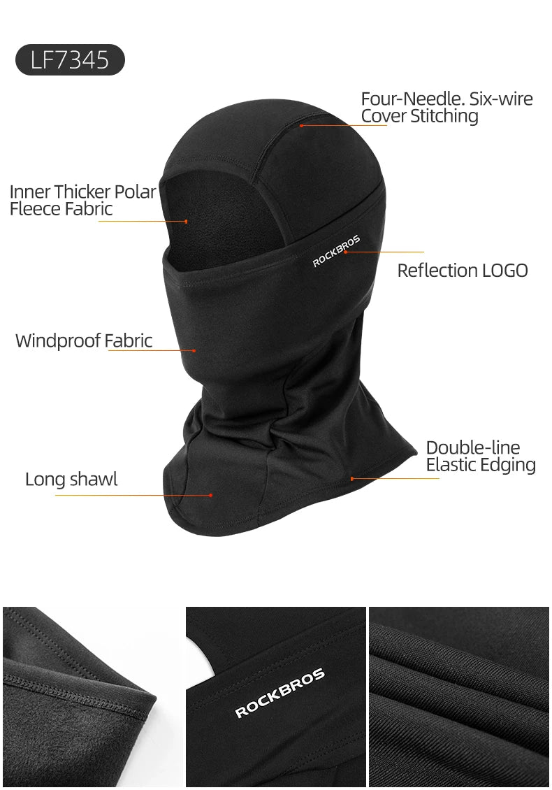 Black windproof full face balaclava mask featuring inner fleece fabric, six-wire stitching, and a double-line elastic edging.