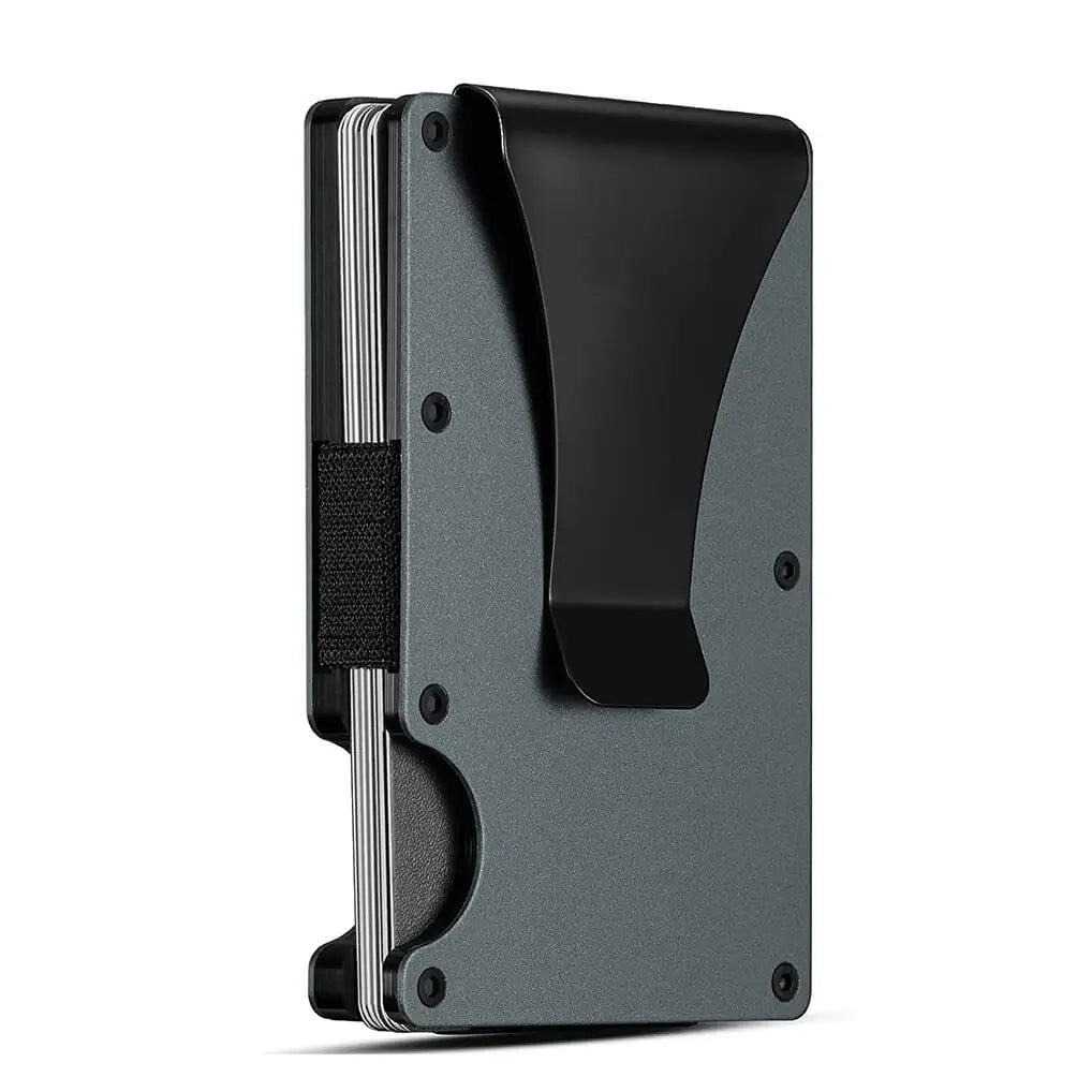 A black slim aluminum wallet with a money clip is shown from the side.