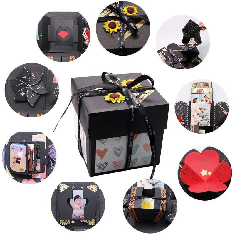 A collection of DIY explosion photo gift boxes and related accessories in black and gold packaging.