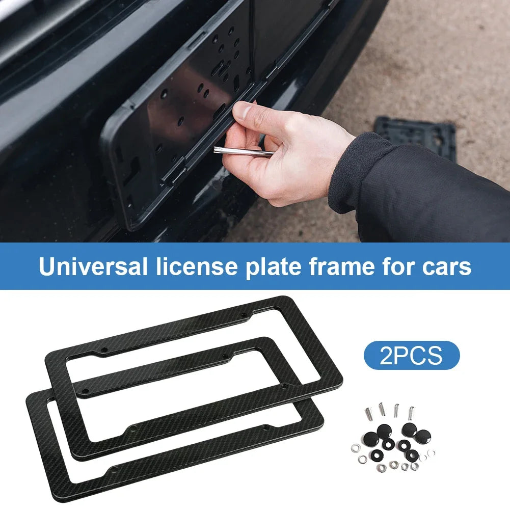 Black carbon fiber license plate frame for cars with two pieces and screws