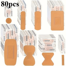 A collection of 80 pieces of waterproof and breathable PE soft rubber bandages in various shapes and sizes.